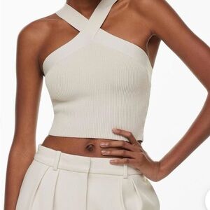 Babaton Cream Ribbed Cross-Strap Crop Top